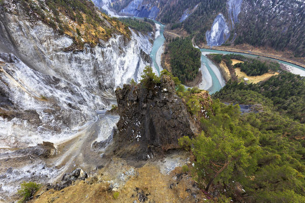 View of the Rhine from the scenic walkway. Rhein Gorge(Ruinaulta), Flims, Imboden, Graubunden, Switzerland, Europe