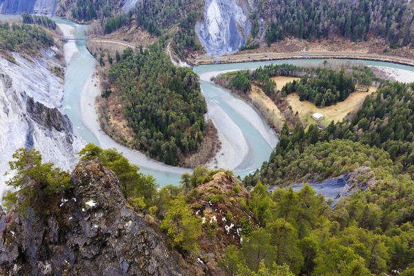 View of the Rhine from the scenic walkway. Rhein Gorge(Ruinaulta), Flims, Imboden, Graubunden, Switzerland, Europe