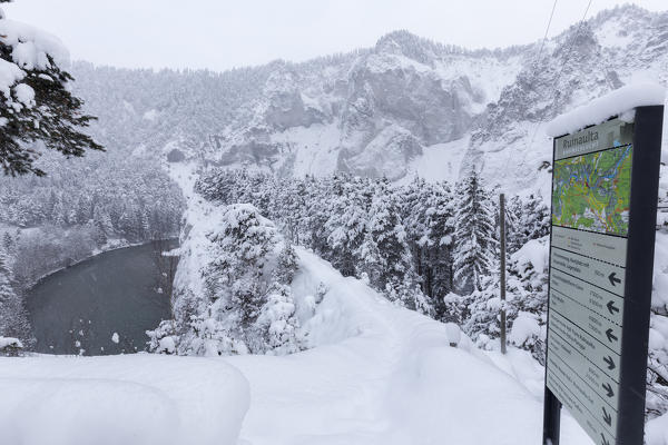 The hiking trail marks the tracks that let you discover the gorge in every season. Rhein Gorge(Ruinaulta), Flims, Imboden, Graubunden, Switzerland, Europe