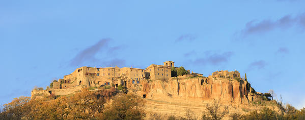 Panoramic view of Civita di Bagnoregio during sunset. Bagnoregio, Viterbo province, Lazio, Italy