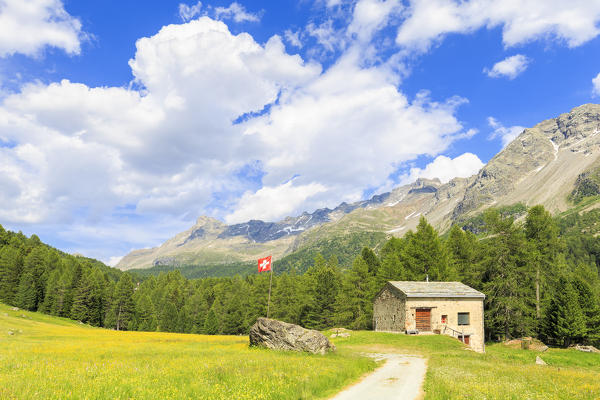 Hut with Switzerland flag in Val di Campo, Val Poschiavo, Graübunden, Switzerland.