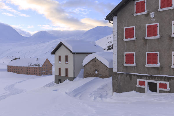 Hut and hospice of Simplon Pass after a heavy snowfall. Simplon Pass, Canton of  Valais/Wallis, Switzerland.