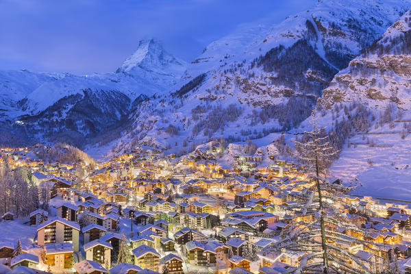 Zermatt during twilight with the Matterhorn in the background. Zermatt, Canton of Valais / Wallis, Switzerland.