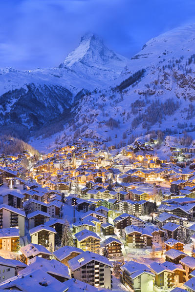 Zermatt during twilight with the Matterhorn in the background. Zermatt, Canton of Valais / Wallis, Switzerland.