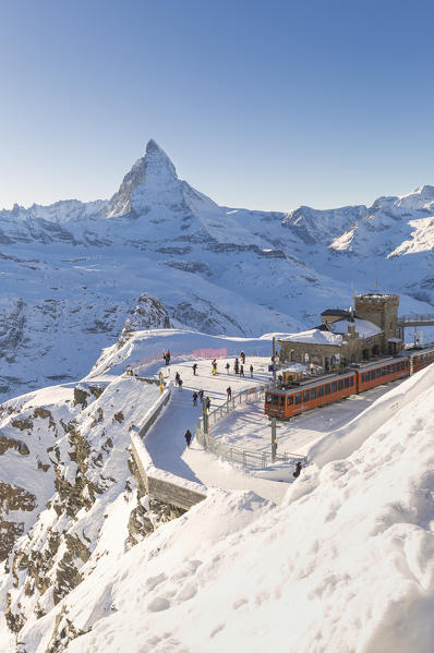 Train station of Gornergrat with view on Matterhorn and ski slopes. Gornergrat, Zermatt, Canton of Valais / Wallis, Switzerland.