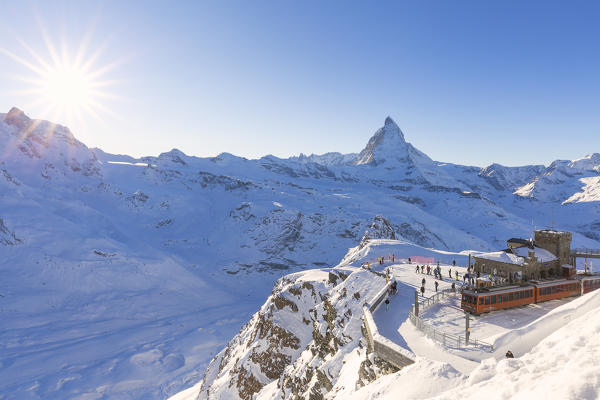 Train station of Gornergrat with view on Gornerglatscher and Matterhorn. Gornergrat, Zermatt, Canton of Valais / Wallis, Switzerland.