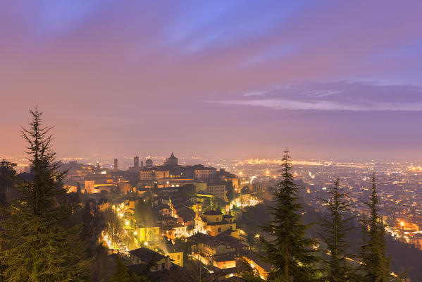 Night view of upper city of Bergamo, Lombardy, Italy.