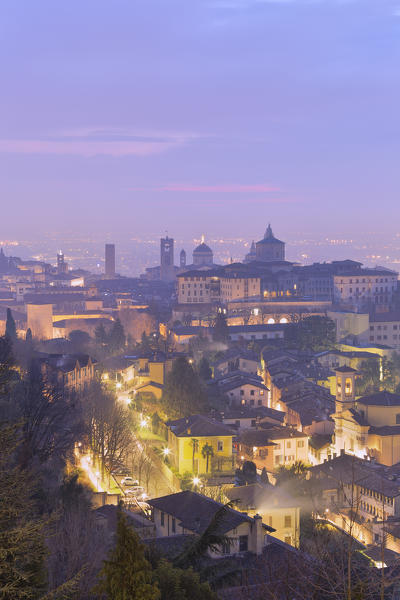 Twilight view of upper city of Bergamo, Lombardy, Italy.
