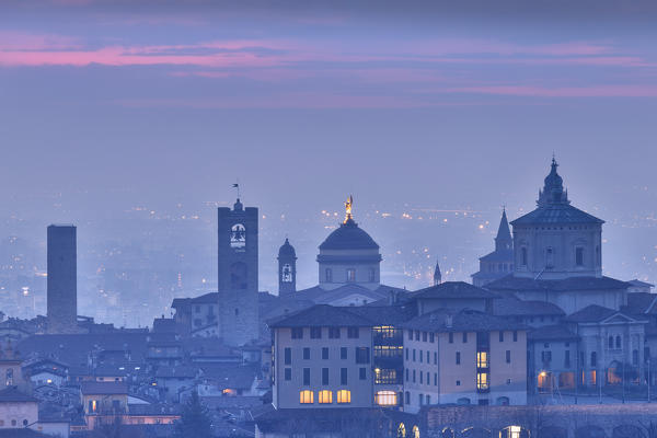 Twilight view of upper city of Bergamo, Lombardy, Italy.