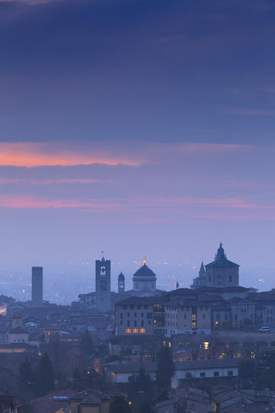 Twilight view of upper city of Bergamo, Lombardy, Italy.