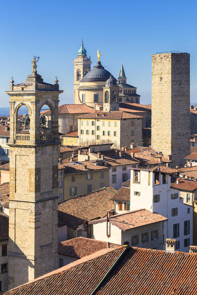 Tower bell of San Pangrazio, Torre del Gombito (Gombito tower), Sant'Alessandro Cathedral (Dome) and Civic Tower(Campanone). Bergamo (Upper town), Lombardy, Italy.