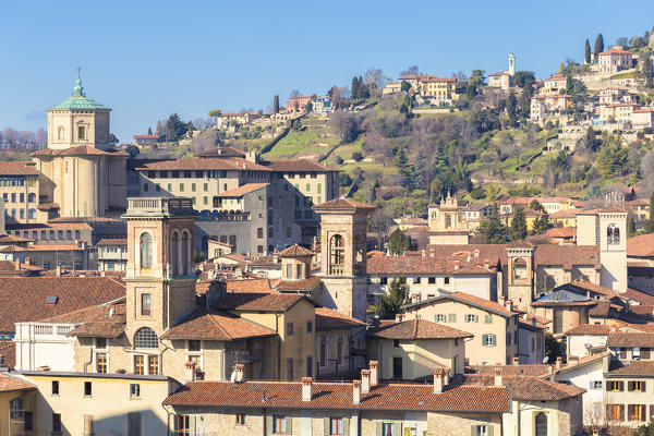 Historical center of Bergamo(Upper town) with the hil of San Vigilio. Bergamo, Lombardy, Italy.