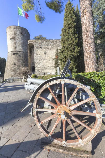 Artillery exposed in the park of Rimembranze (Parco delle Rimembranze), located outside the fortress of Bergamo (Rocca di Bergamo). Bergamo, Lombardy, Italy.