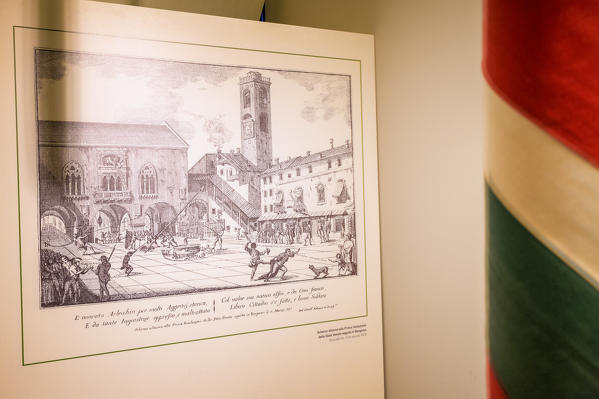 Historical image that depicts a scene of the liberation of the city from Venetian state. Rocca of Bergamo(Bergamo Fortress), Bergamo, Lombardy, Italy.