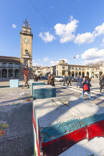 Counter-terrorism barriers facing the Tower of Caduti. Bergamo(Low town), Lombardy, Italy.