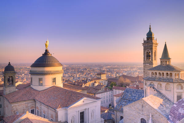 Cathedral of Bergamo with Basilica of Santa Maria Maggiore from above during sunset. Bergamo(Upper town), Lombardy, Italy.