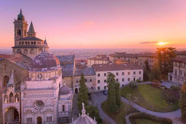 Basilica of Santa Maria Maggiore with Cappella Colleoni(Colleoni Chapel) from above during sunset. Bergamo(Upper town), Lombardy, Italy.