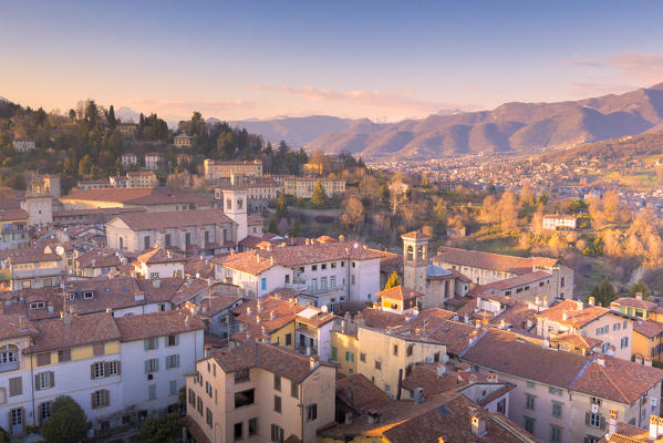 Historic center of Upper Town with church and monastery of Carmine from above during sunset.  Bergamo, Lombardy, Italy.