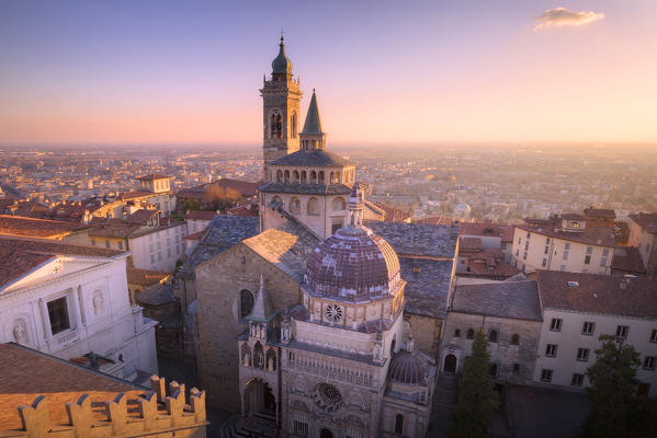 Basilica of Santa Maria Maggiore with Colleoni Chapel from above during sunset. Bergamo(Upper town), Lombardy, Italy.