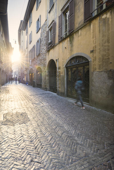 People walks in the main street of Upper town of Bergamo, Lombardy, Italy.