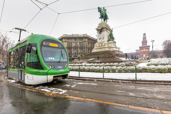 A tram transit in Castle Square. Milan, Lombardy, Northern Italy, Italy.