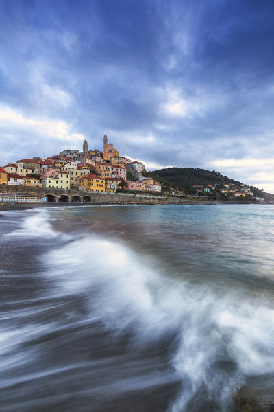 Wave crached on the beach of Cervo. Cervo, Imperia province, Liguria, Italy, Europe.