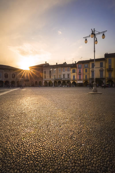 Sunset at Piazza della Vittoria(Vittoria square). Lodi, Province of Lodi, Lombardy, Italy, Europe.