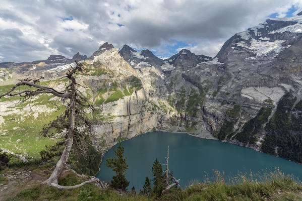 Panoramic view on Lake Oeschinensee Bernese Oberland Kandersteg Canton of Bern Switzerland Europe