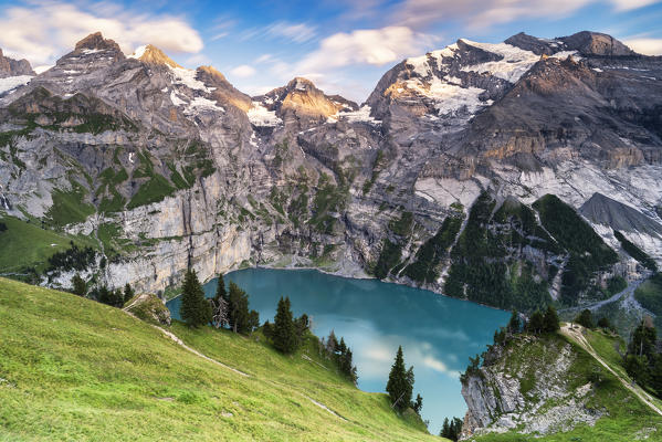 Panoramic view on Lake Oeschinensee Bernese Oberland Kandersteg Canton of Bern Switzerland Europe