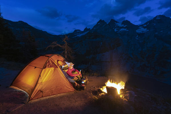 A night in tent on Lake Oeschinensee Bernese Oberland Kandersteg Canton of Bern Switzerland Europe