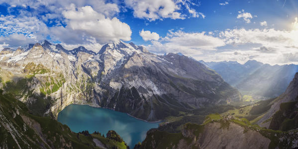 Panoramic view on Lake Oeschinensee Bernese Oberland Kandersteg Canton of Bern Switzerland Europe