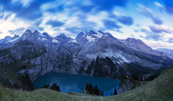 Blue hour on Lake Oeschinensee Bernese Oberland Kandersteg Canton of Bern Switzerland Europe