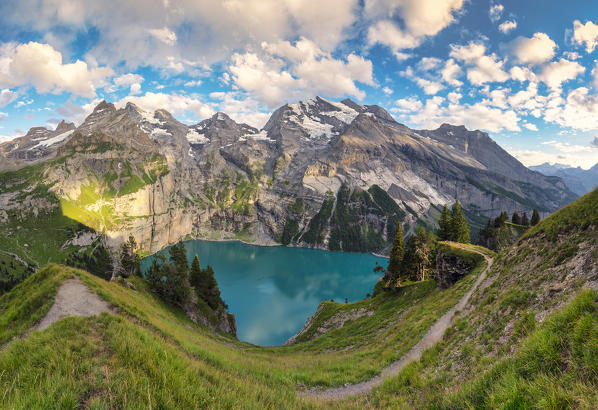 Panoramic view on Lake Oeschinensee Bernese Oberland Kandersteg Canton of Bern Switzerland Europe