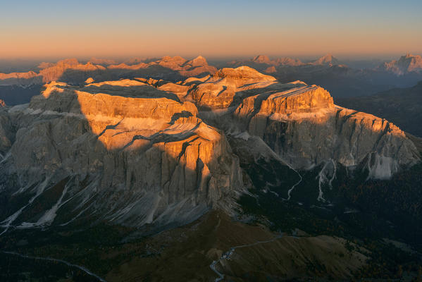 Aerial view of Sella and Pordoi group at sunset, Dolomites, Trentino Alto Adige, Italy