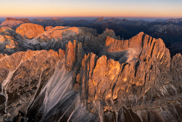 Aerial view of Catinaccio group at sunset, Dolomites, Trentino Alto Adige, Italy
