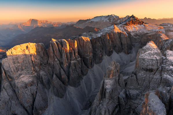 Aerial view of Val del Mesdì at sunset, Dolomites, Trentino Alto Adige, Italy