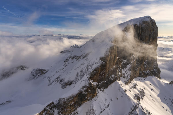 Winter aerial view of Marmolada south face Dolomites Province of Belluno Veneto Italy Europe