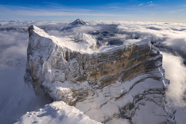 Winter aerial view of Monte Pelmo Zoldo Dolomites Province of Belluno Veneto Italy Europe