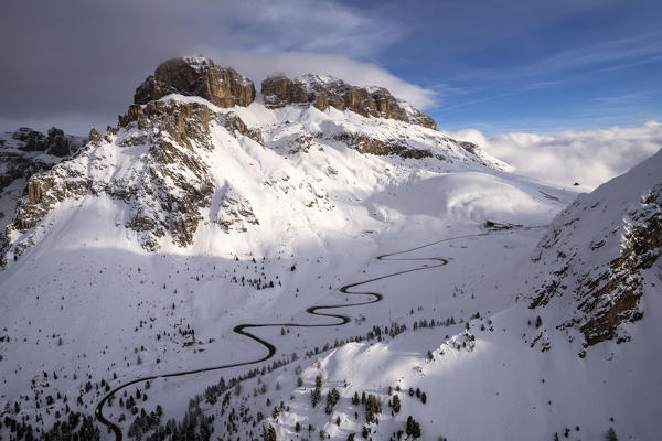 Winter aerial view of Passo Pordoi Dolomites Province of Trento Trentino Alto Adige Italy Europe