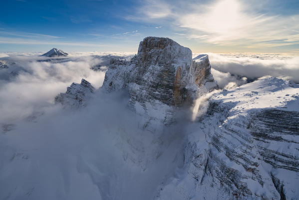 Winter aerial view of Monte Pelmo Zoldo Dolomites Province of Belluno Veneto Italy Europe