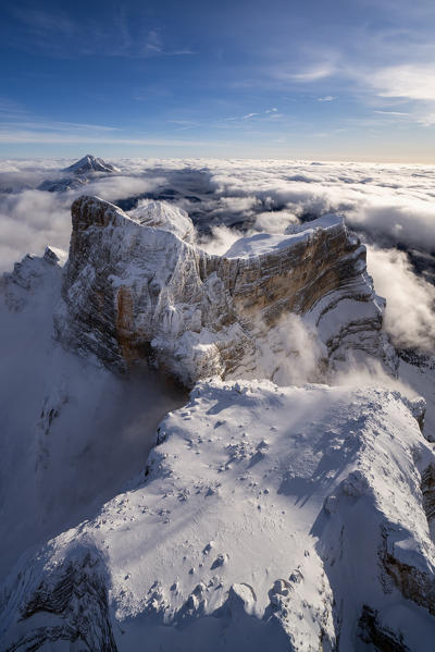 Winter aerial view of Monte Pelmo Zoldo Dolomites Province of Belluno Veneto Italy Europe