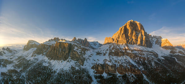 Aerial view of Tofana di rozes group at sunset Dolomites Province of Belluno Veneto Italy Europe