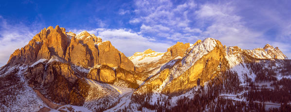 Aerial view of Cunturines, Sass Dlacia and Cima Scotoni at sunset, San Cassiano, Bolzano Province, Trentino Alto Adige, Dolomites, Italy, Europe. 