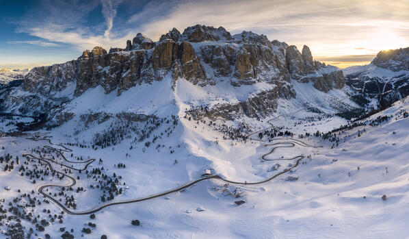 Aerial view of Gardena Pass, Dolomites, South Tyrol, Bolzano Province, Italy, Europe