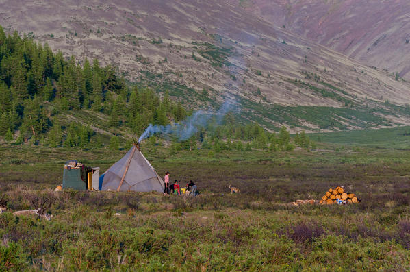 A Smoking Tepee, Tsaatan Camp, Hovsgol Province, Northern Mongolia.