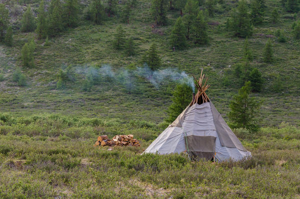 A Smoking Tepee, Tsaatan Camp, Hovsgol Province, Northern Mongolia.