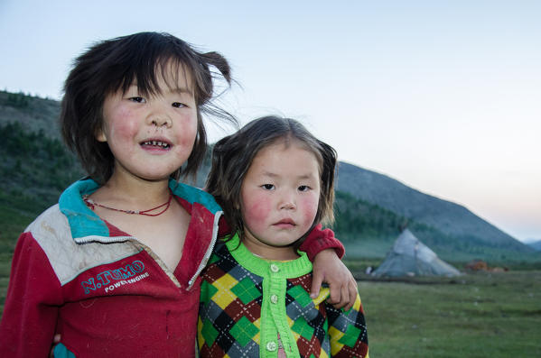 Portrait of two Tsaatan girls, Tsaatan Camp, Hovsgol Province, Northern Mongolia.