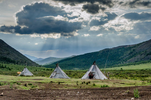 A view of the Tsaatan Camp at sunset, Tsaatan Camp, Hovsgol Province, Northern Mongolia.