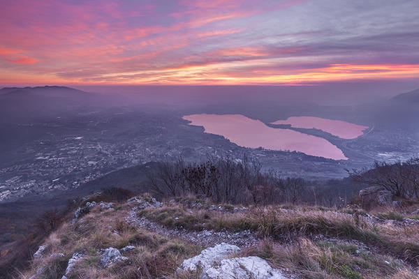 Sunset on Brianza and Annone lake from the top of Barro mount, Lecco province, Lombardy, Italy, Europe