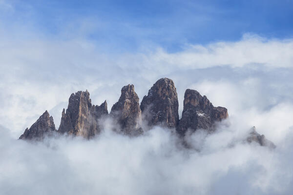 Odle Dolomites surrounded by clouds (Grande Fermeda, Sass de Mesdì), Funes valley (val di Funes), Bolzano province, South Tyrol, Trentino alto adige, Italy, Europe
